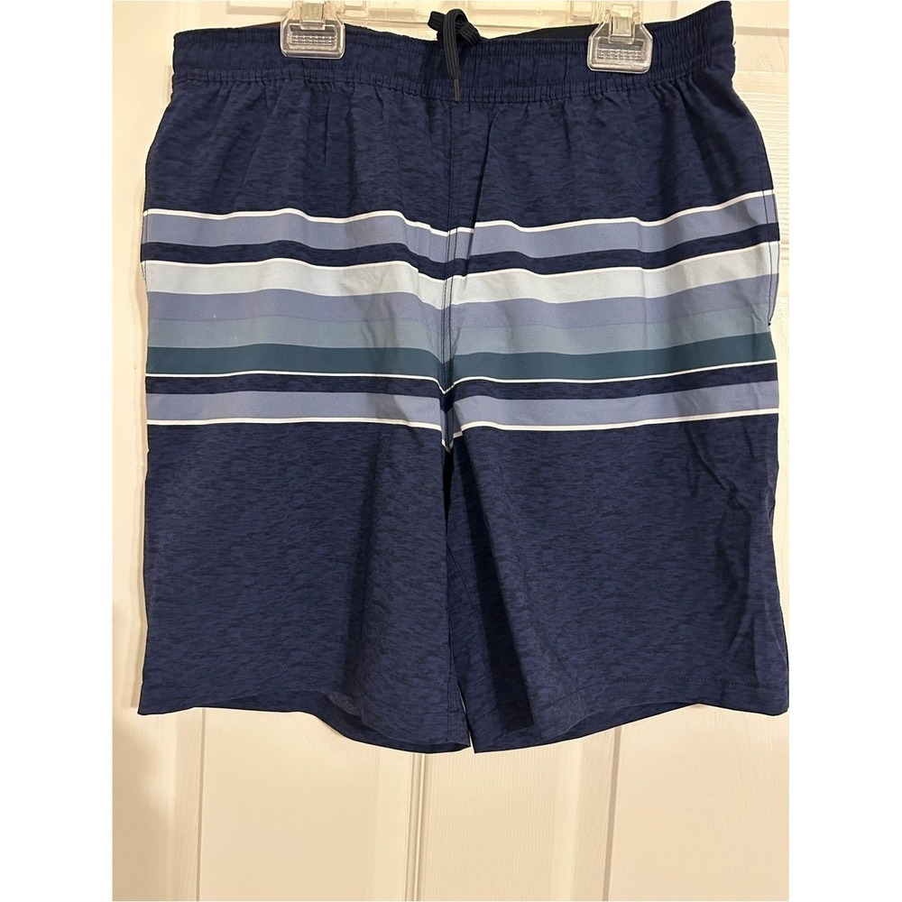 Kirkland Signature Navy & Light Blue Horizontal Stripe Swim‎ Trunks